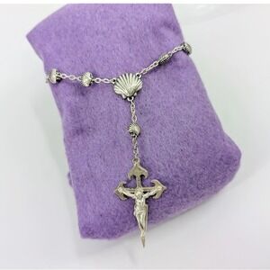 Vintage Shell Rosary Bracelet Silver Tone Scallop Metal Catholic Crucifix